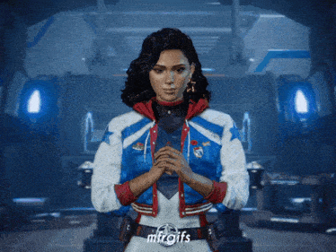 a woman in a red white and blue jacket with the word mtrgifs on the bottom right