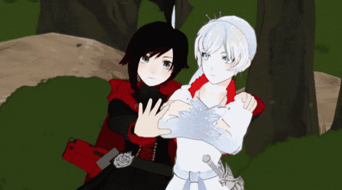 a couple of anime characters standing next to each other one of which is white