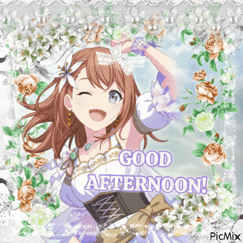 a picture of a girl with the words " good afternoon " on it
