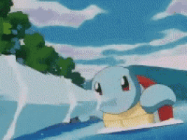 a cartoon squirtle is riding a jet ski in the ocean