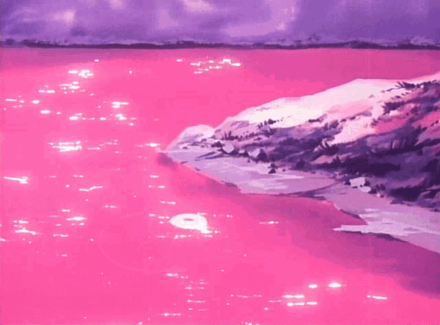 a painting of a pink and purple lake with a mountain in the background