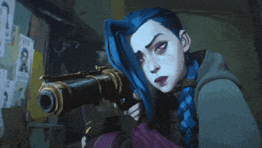 a woman with blue hair is holding a gun in front of a wall with wanted posters
