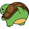 a cartoon turtle with a brown shell and a green body is standing on a white background .