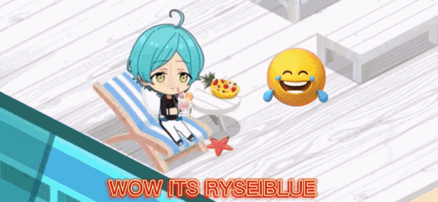 a cartoon character is sitting in a chair next to a smiley face that is laughing