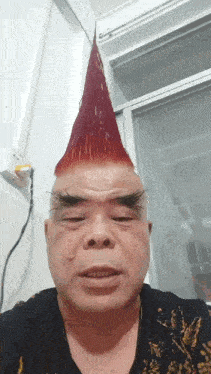 a man with a red mohawk and eyebrows is looking at the camera