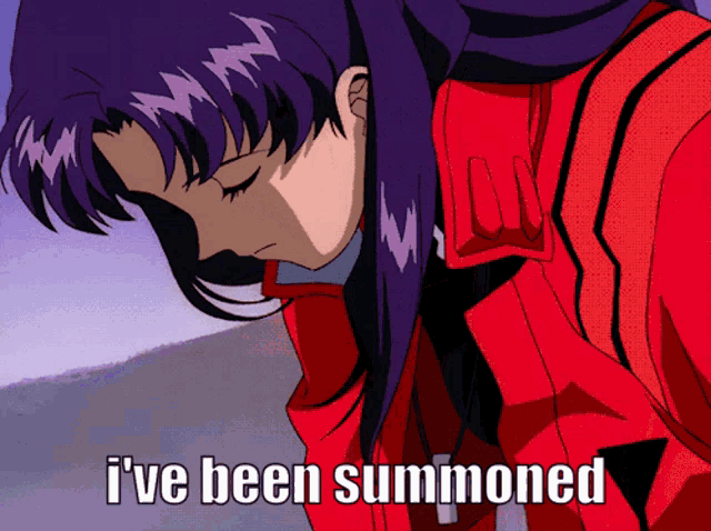 a picture of a girl with purple hair and the words i 've been summoned below her