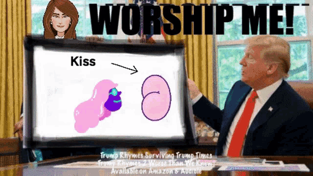 a man in a suit and tie is pointing at a screen that says " kiss "