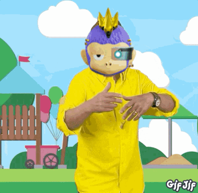 a man in a yellow shirt is wearing a monkey mask and sunglasses