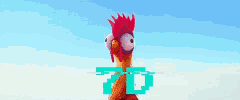 a cartoon chicken is standing in front of a blue background with the number 70 on it