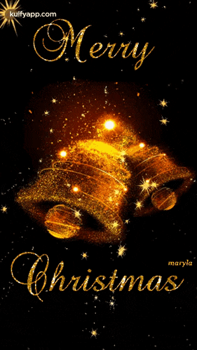 a merry christmas greeting card with a gold bell