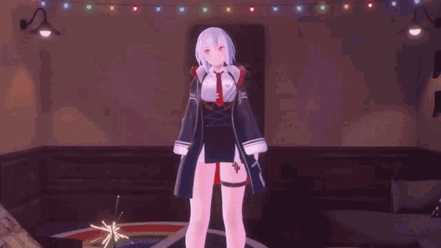 a girl with a gun is standing on a rainbow rug