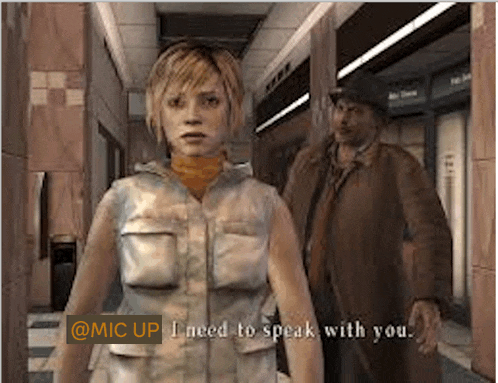 a woman in a video game is talking to a man in a coat .