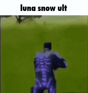 a man in a skeleton suit is standing in a field with the words luna snow ult above him .
