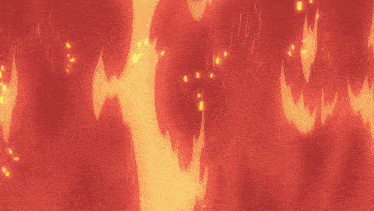 a cartoon character is standing in front of a red background with fire coming out of it