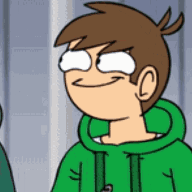 a close up of a cartoon character wearing a green hoodie .