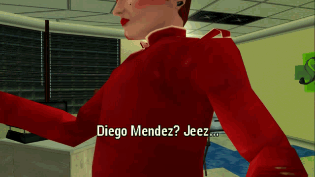 a video game character says diego mendez jeez in a red jacket