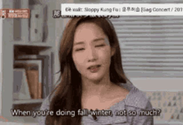 a woman in a purple shirt says when you 're doing fall-winter not so much