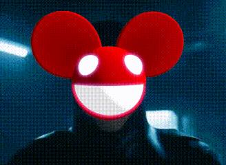 a man wearing a red mickey mouse mask with the words i 'm deadmau5 below him