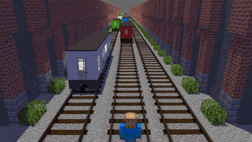 a minecraft screenshot of a train track with a train going down it
