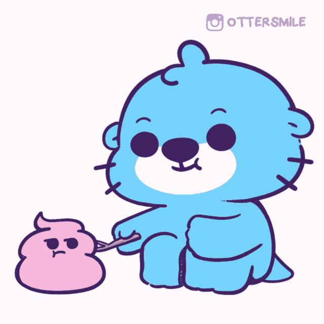 a cartoon of an otter brushing its teeth with a pink poop next to it