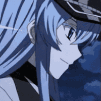 a close up of a blue haired anime girl wearing a black hat .
