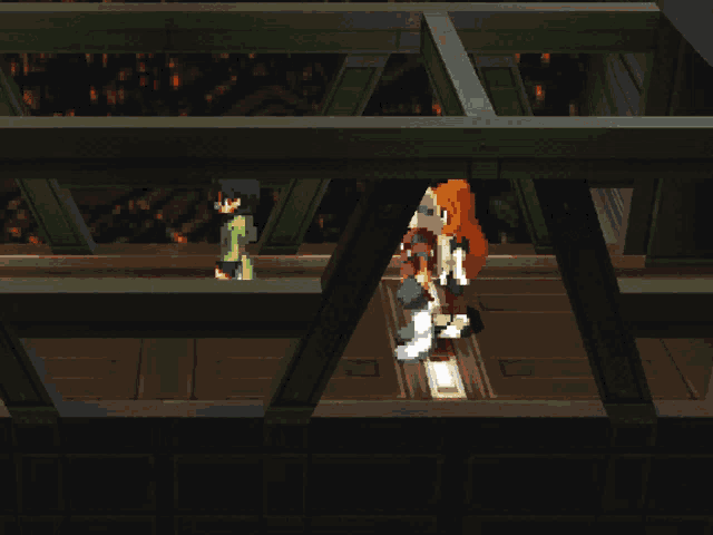 a video game shows a man in a green jacket and a woman in a red jacket