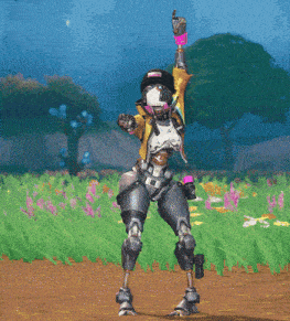 a video game character is dancing in a field with flowers