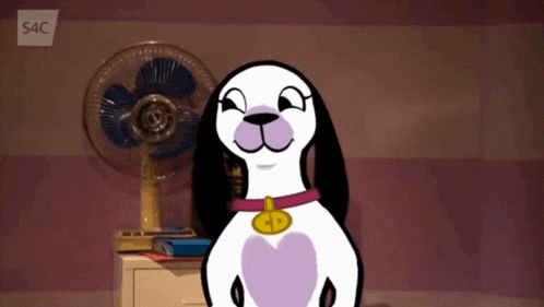 a cartoon dog is standing in front of a fan and a sign that says s4c
