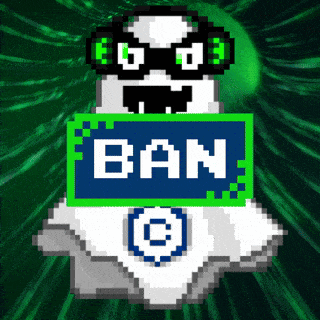 a pixel art of a ghost with sunglasses and a sign that says ban