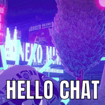 a video game character says hello chat in front of a burger big king sign