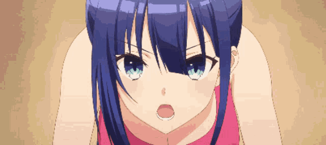 a close up of a anime girl with blue hair and blue eyes