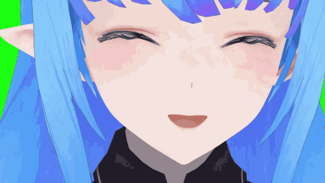 a close up of a girl 's face with blue hair and purple ears