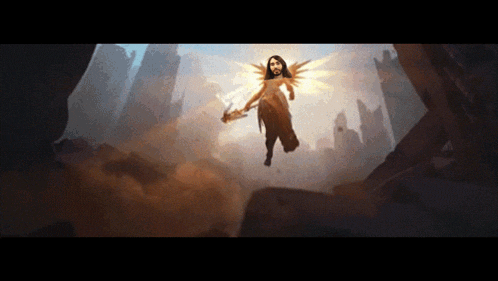 a painting of a woman with wings and a sword flying through the air
