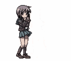 a pixel art drawing of a girl in a skirt dancing .