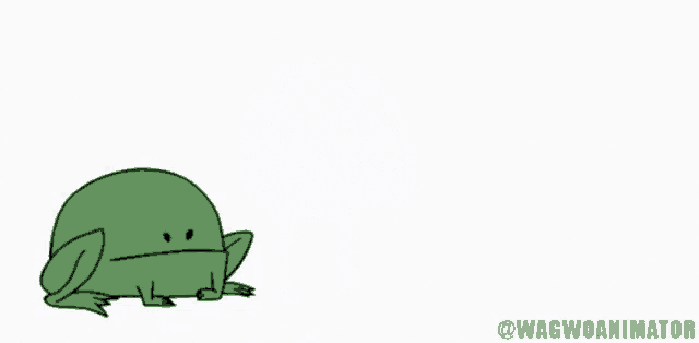 a cartoon of a green frog with a sad face and legs .