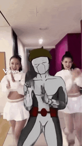 a cartoon of a man in a superhero costume dancing with two cheerleaders .