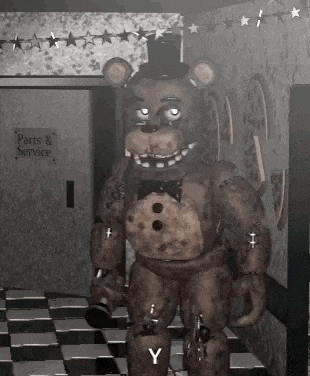 freddy fazbear from five nights at freddy 's is standing in a hallway in a room .
