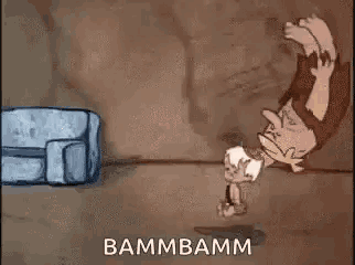 a cartoon of a man doing a handstand in front of a blue bag .