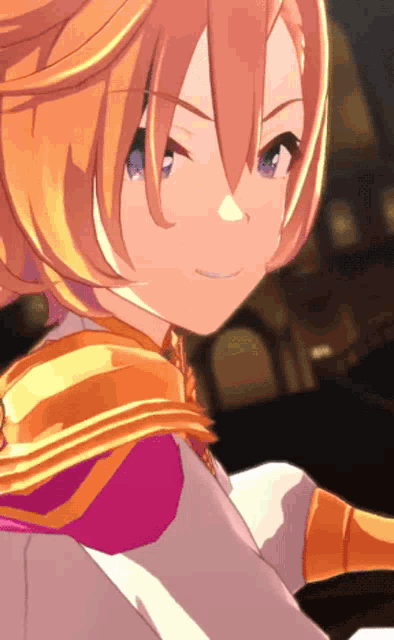 a close up of a anime character with orange hair