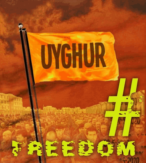 a yellow flag with the word uyghur on it in black