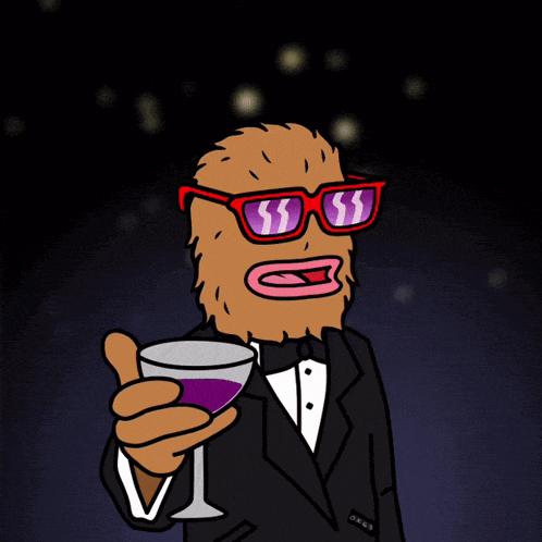 a cartoon character wearing a tuxedo and sunglasses holds a glass of wine