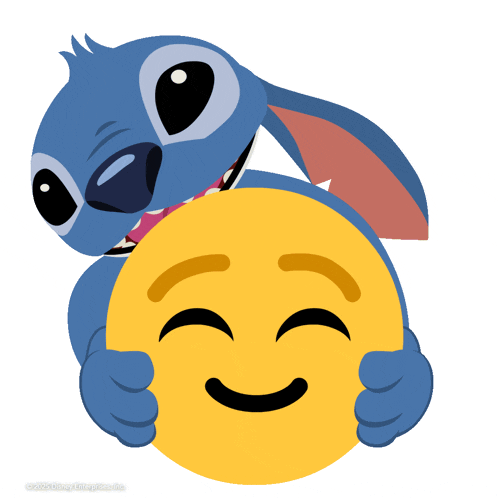 stitch is hugging a yellow smiley face with a smile on its face