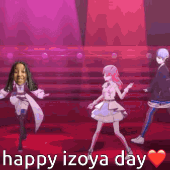 a group of anime characters are dancing on a stage with the words happy izoya day written below them .