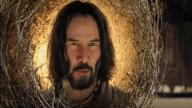 a man with long hair and a beard is standing in front of a tree branch