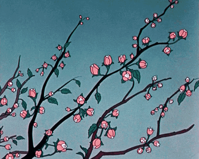 a cartoon drawing of a tree with pink flowers