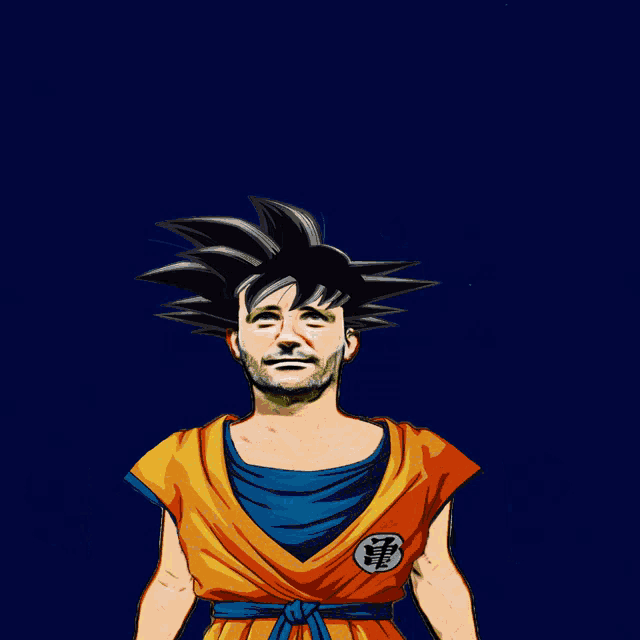 a cartoon of a man dressed as goku with chinese writing on his chest