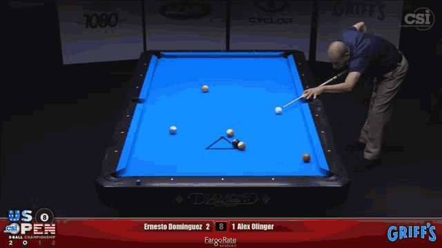 a pool table with a man playing pool and a score of 3 to 1