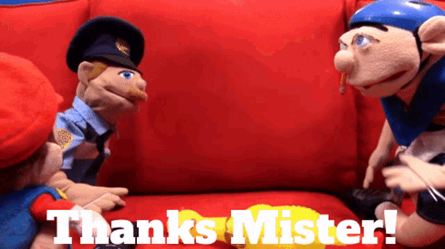 two mario puppets are sitting on a red couch with the words thanks mister written on the bottom