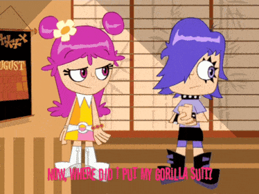 two cartoon characters standing next to each other with the words now where did i put my gorilla suit on the bottom
