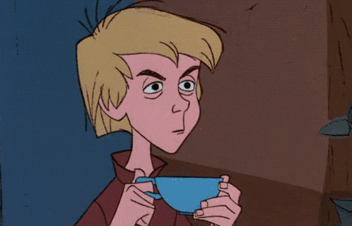 a cartoon character is holding a blue cup of coffee and making a surprised face .